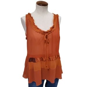 Floreat Anthropologie Silk Colorblock Patchwork Boho Ruffle Tank Top Rust S